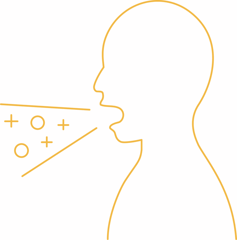 Icon of a person coughing, with particles spreading from the mouth